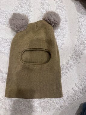 Kids Pom-Pom Balaclava Hat in Olive with Gray Poms